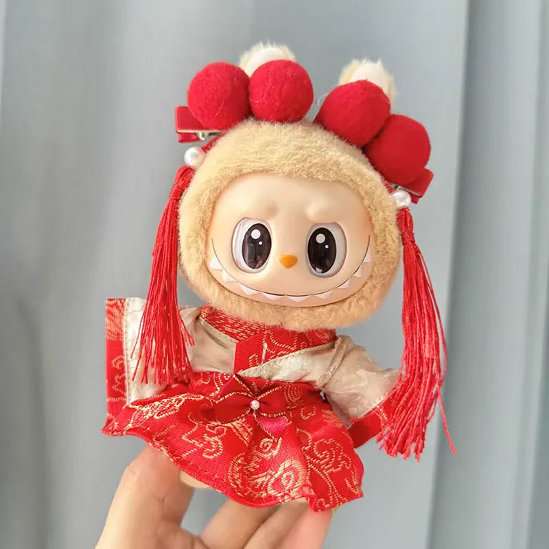 New Year Labubu Outfit for 17cm Mini Doll Chinese Style Matched Red Clothes Accessories Cos Gift Doll Pure Hand