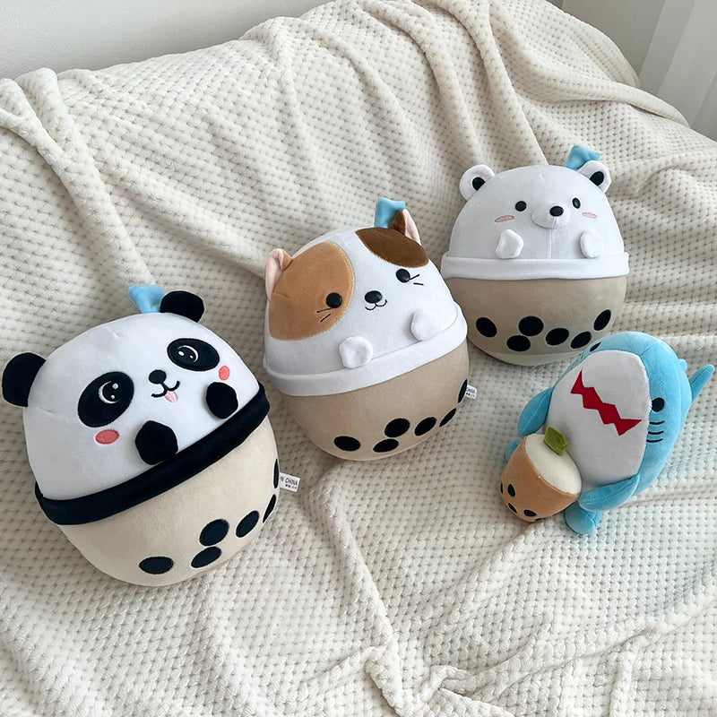 Cute Milk Tea Cup Animal Plush Toy Stuffed Panda Polar Bear Shark Doll Soft Bubble Tea Cats Plushies Kawaii Birthday Gifts