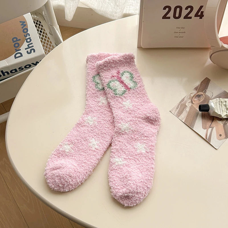 Japanese Kawaii Cute Socks Autumn Winter Thicken Warm Soft Plush Women Socks Coral Fleece Thermal Homewear Floor Sleeping Socks