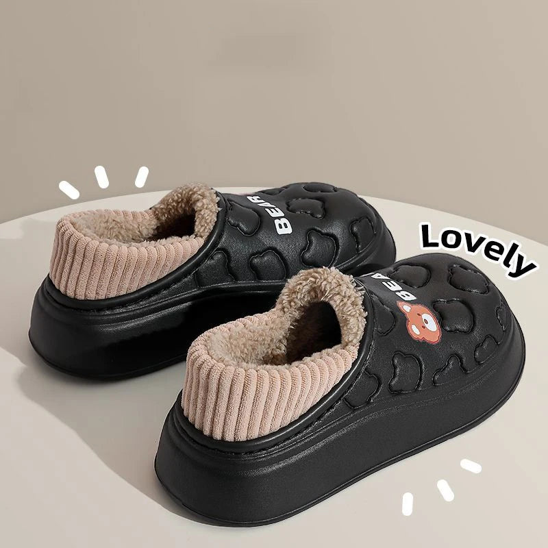 Winter Slippers For Women Bear Cartoon Outdoor Waterproof House Shoes For Men Plush Casual Shoes Indoor Fluffy Cotton Slippers