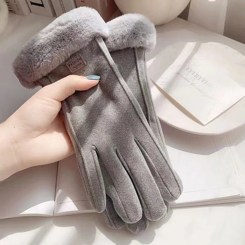 Winter Female Cashmere Warm Suede Leather Cycling Mittens Double Thick Velvet Plush Wrist Women Touch Screen Driving Gloves