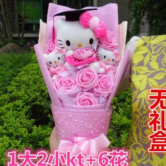 Kt Hello Kitty Plush Stuffed Bouquet With Graduation Hats Handmade  Doll Cute Soap Flower Rose Flower Bouquet Birthday