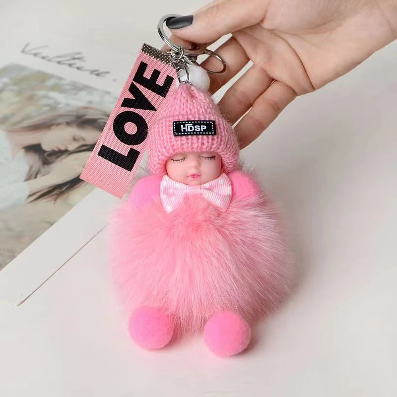 Cute Sleeping Baby Keychain Charm Cute Fluffy Plush Doll Car Keychain Fashion Women's Bag Charm Backpack Decoration Gift