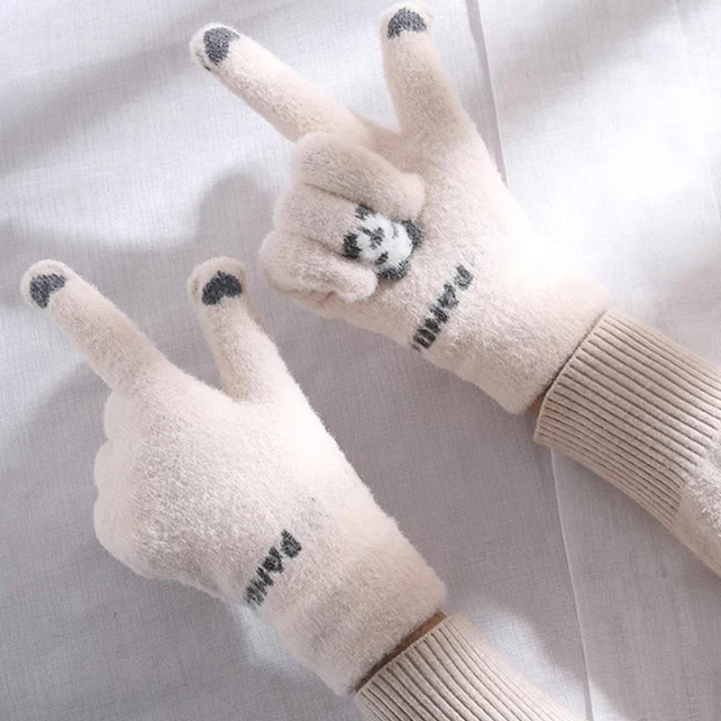 Winter Warm Plush Gloves Cute Cartoon Panda Ring Finger Knitted Gloves Touchscreen Gloves Outdoor Windproof Mittens