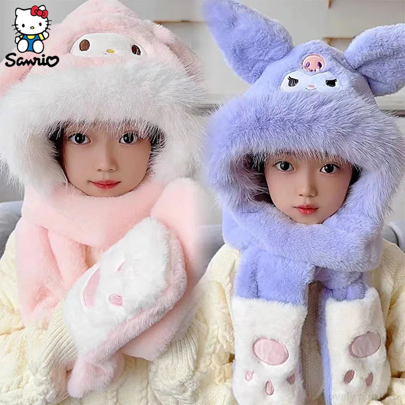 Kawaii Sanrio Kuromi Children Plush Scarf Hat Glove Cute Cosplay Party Anime Sweet Winter Warm Hat Girls Soft Plush Hat Gifts