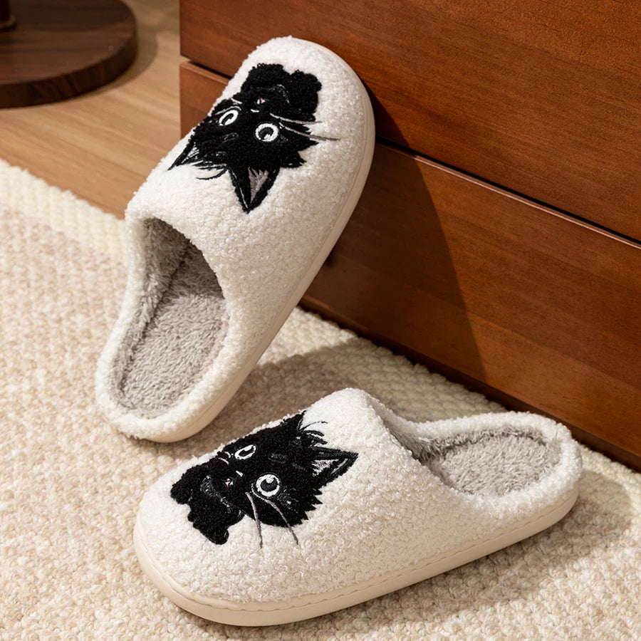 Winter Women's Slippers Indoor Cartoon Black Cat Cute Girls Slipper Bedroom Anti-slip Soft Sole Comfortable Cotton Homeshoes