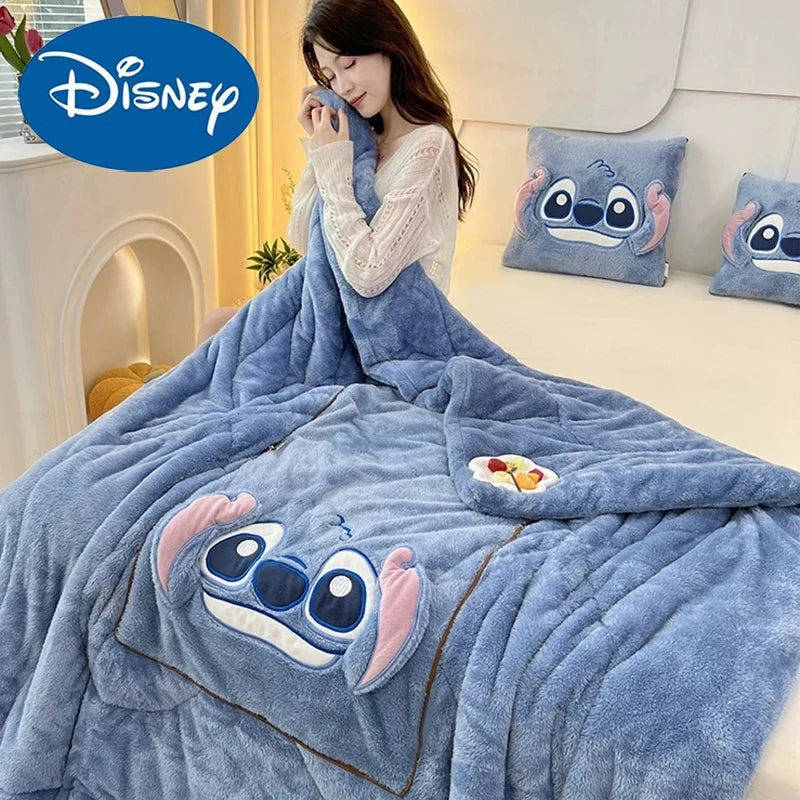 Disney Stitch Throw Pillow Blankets Two In One Kawaii Flannel Thickened Nap Blanket Living Room Kids Bedroom Decoration Gift