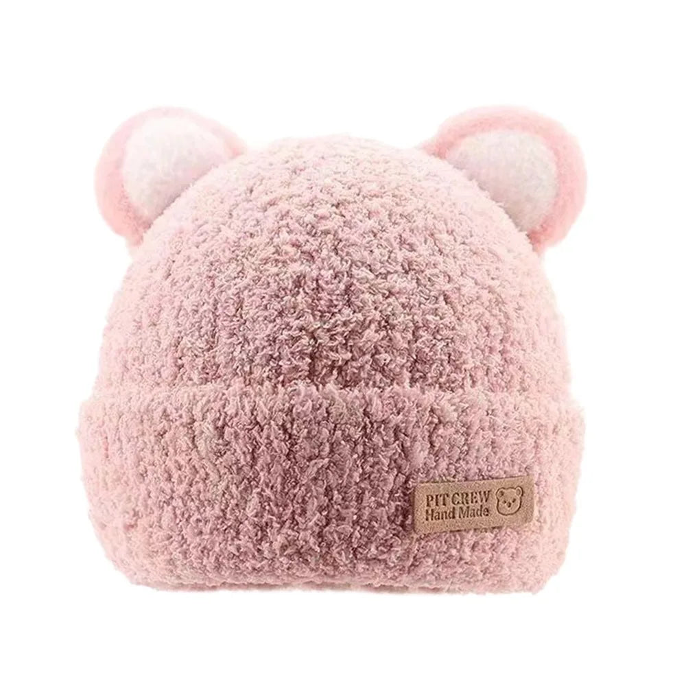 5 Months-3Year Windproof Solid Color Baby Knitted Hat Soft Cute Winter Hat Plush Cartoon Children Warm Cap Baby Children Kids