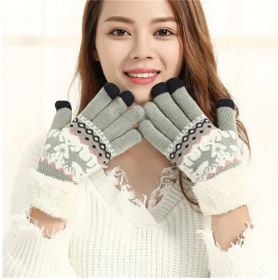 Christmas Reindeer Jacquard Knit Gloves Plush Cuff Thick Warm Gloves Autumn Winter Soft Coldproof Touchscreen Gloves