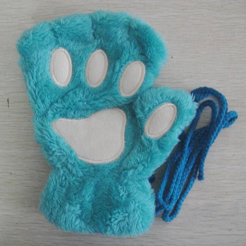 Cartoon Cute Cat Claw Paw Gloves Women Plush Mittens Warm Soft Plush Short Fingerless Fluffy Bear Cat Gloves Costume Half Finger