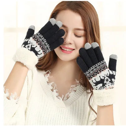 Christmas Reindeer Jacquard Knit Gloves Plush Cuff Thick Warm Gloves Autumn Winter Soft Coldproof Touchscreen Gloves