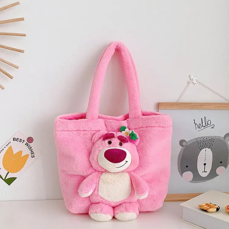 Disney 2024 New Cartoon Plush Doll Shoulder Bag Sweet and Cute Stitch Strawberry Bear Soft Cute Girls Handbag