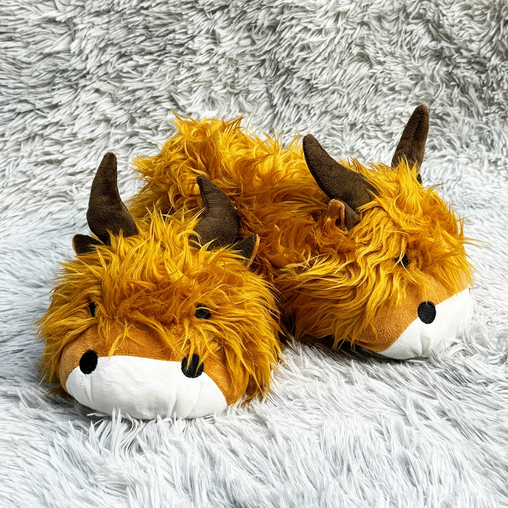 TreasuringU Highland Cow Plush Slippers with Stocks Animals Cow Slippers Kawaii Adult Kids Home Slippers Cattle Christmas  Shoes