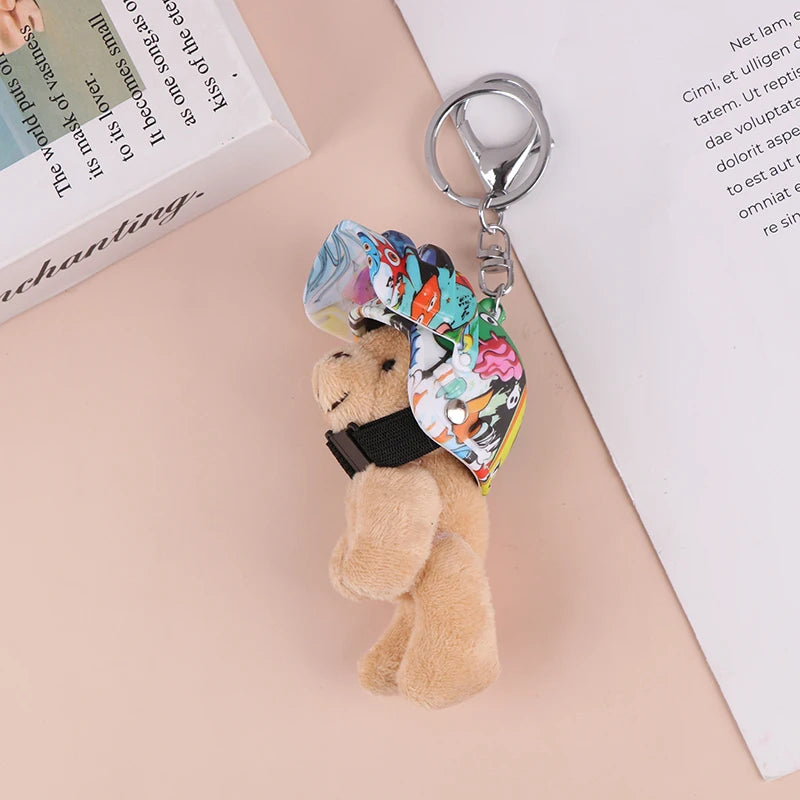 1PCS Lovely Helmeted Bear Charm Keychains Y2K Plush Ornament Pendant Car Keyring Backpack Decoration Bag Fashion Jewelry