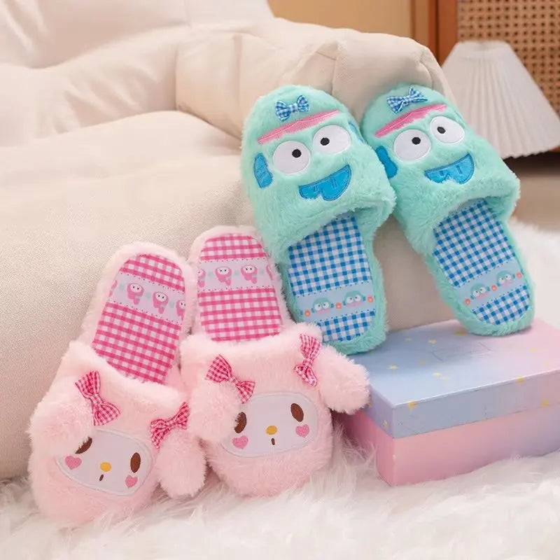 Lovely Warm Indoor Shoes Cute Kuromi My Melody Cinnamoroll Slippers Lolita Home Cotton Shoes For Girl Lady Winter Non-slip