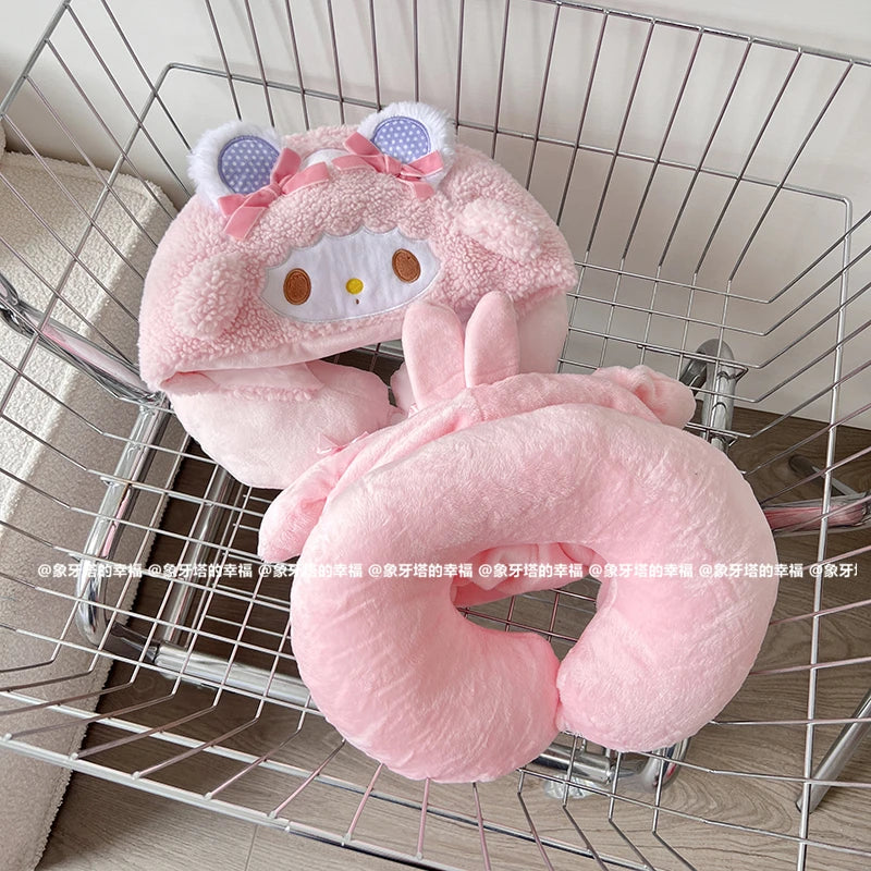 Sanrio My Melody My Sweet Piano Hello Kitty Hooded U-shaped Pillow Marie Cat Dumbo Elephant Travel Neck Pillow Office Nap Pillow