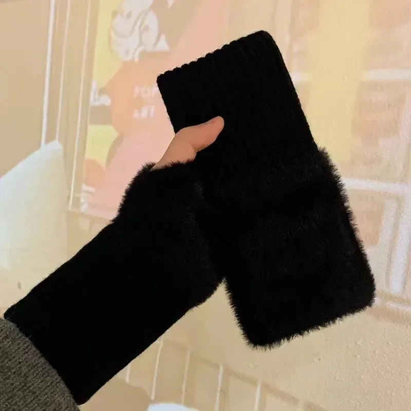 2024 New Mink Fleece Half Finger Gloves for Women's Soft Winter Warmth Luxury Solid Color Plush Knitted Fingerless Gloves