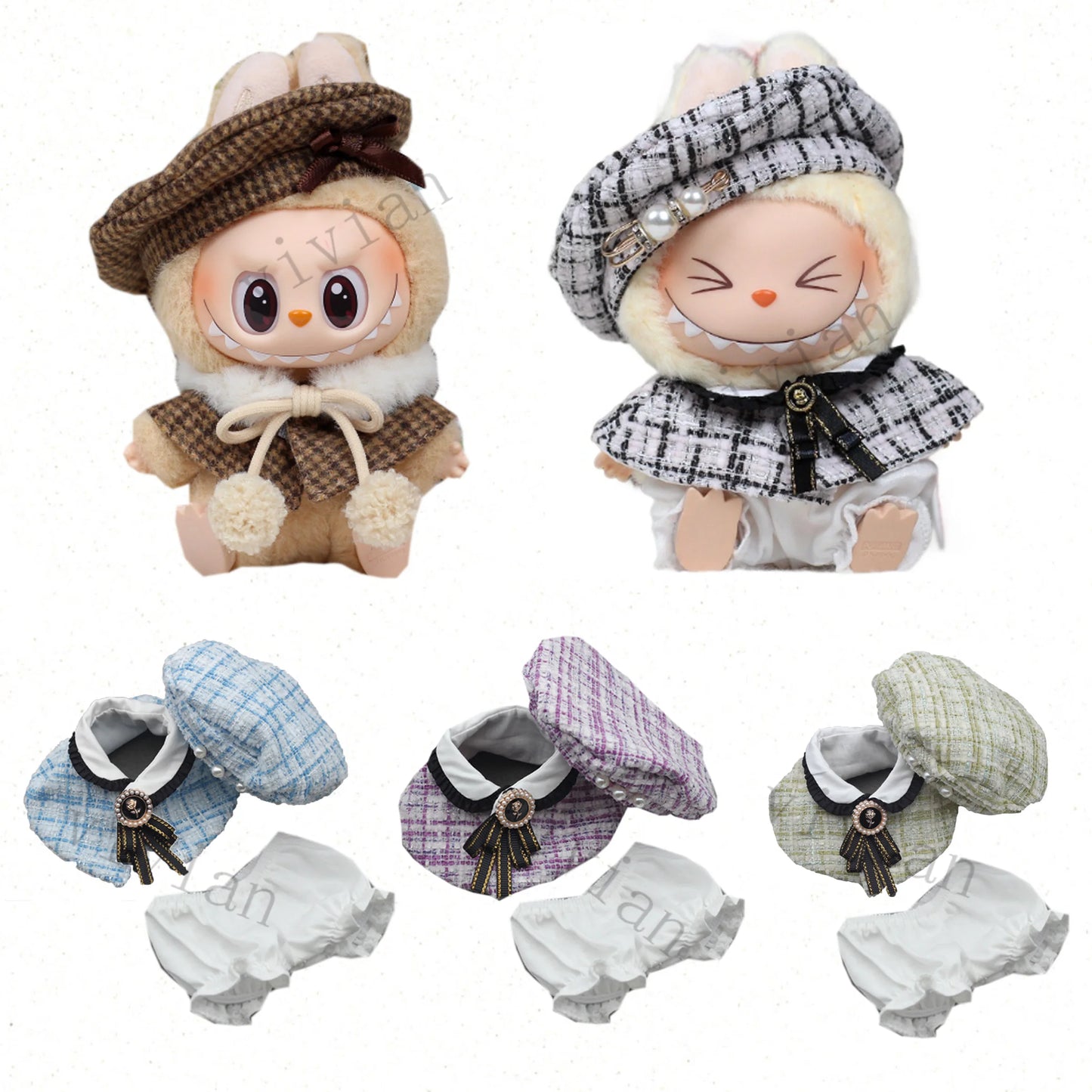 Mini Doll'S Clothes Outfit Accessories For Korea Kpop Exo 15-17cm Labubu Classic Grid Style Dress Cloak Set Beret Clothing Gift