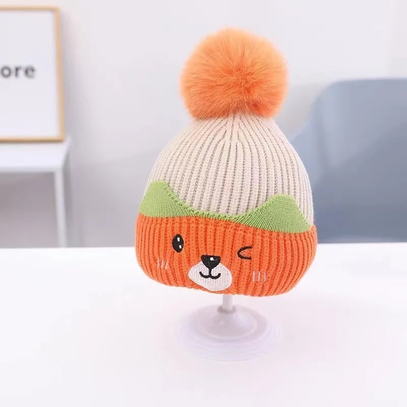 Soft Fluffy Baby Pompom Pullover Hat Cartoon Type Warm Baby Knitted Cap Plush Fluffy Windproof Winter Baby Earmuffs