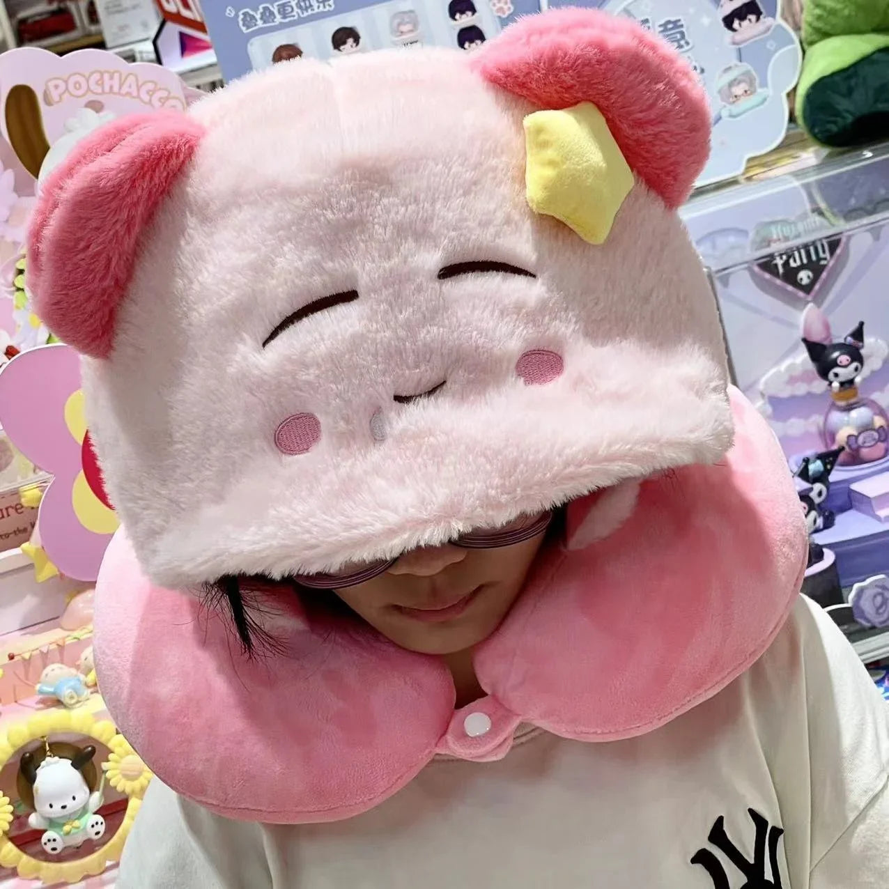 miniso Kirby Hooded U-shaped Neck Pillow Kawaii Japanese Style Kirby Blackout Travel Pillow Stuffed Anime Nap Pillow Office