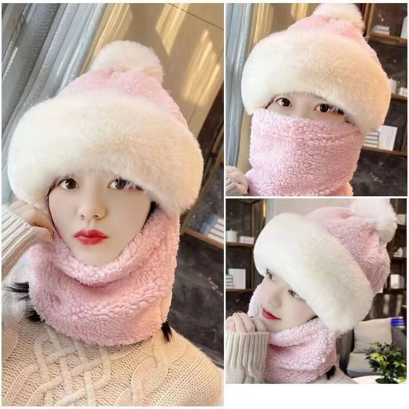 Fashion Plush Hat Scarf Mask Set Winter Warm Hat Neck Warmer Outdoor Cycling Windproof Warmer Scarf Hat Ear Protection