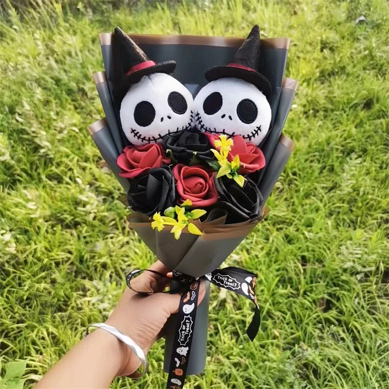 Halloween Jack Skellington Plush Doll Toys With Artificial flower Bouquet Stuffed Terror Skull Ghost Christmas Day/Birthday Day