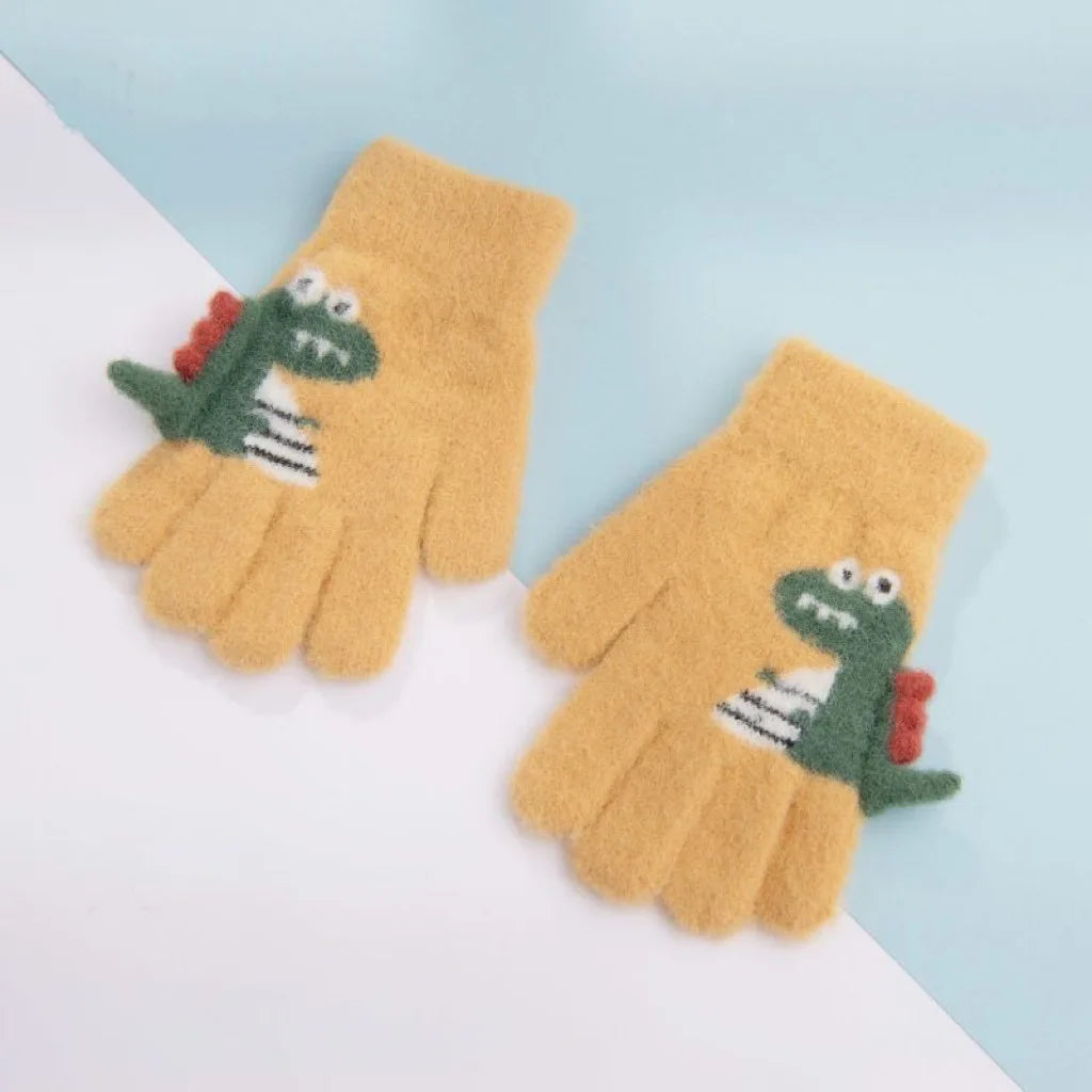 4-8 Year Old Winter Children's Thick Knitted Gloves Cartoon Dinosaur Warm Plush Children's Winter Children's Finger Gloves