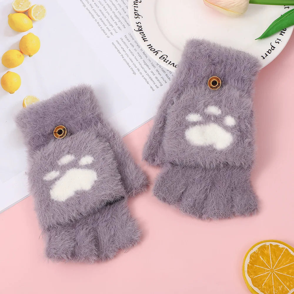 Thicken Women Warm Cat Gloves Fashion Girls Cat Claw Paw Plush Mittens Soft Plush Short Fingerless Half Finger Winter Gloves