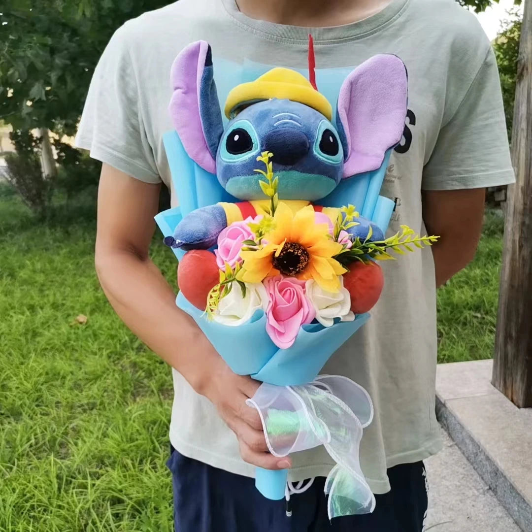 Hot Lilo & Stitch Plush Bouquet With Soap Rose Sunflower Flower Bouquet Cartoon Stuffed Valentine's Day Christmas Birthday Gift