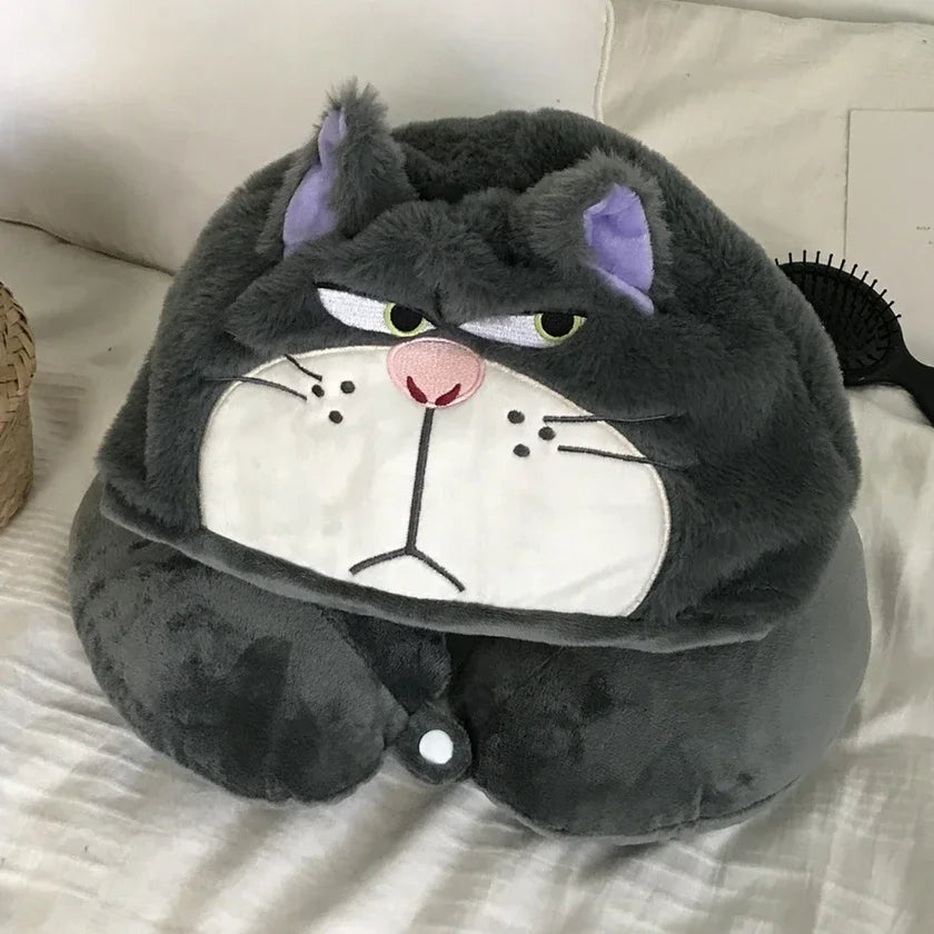 Disney Lucifer Cat U-shaped Neck Pillow With Hat Anime Grey Cat Travel Pillow Hooded Lucifer Cat Blackout Office Car Xmas Gifts