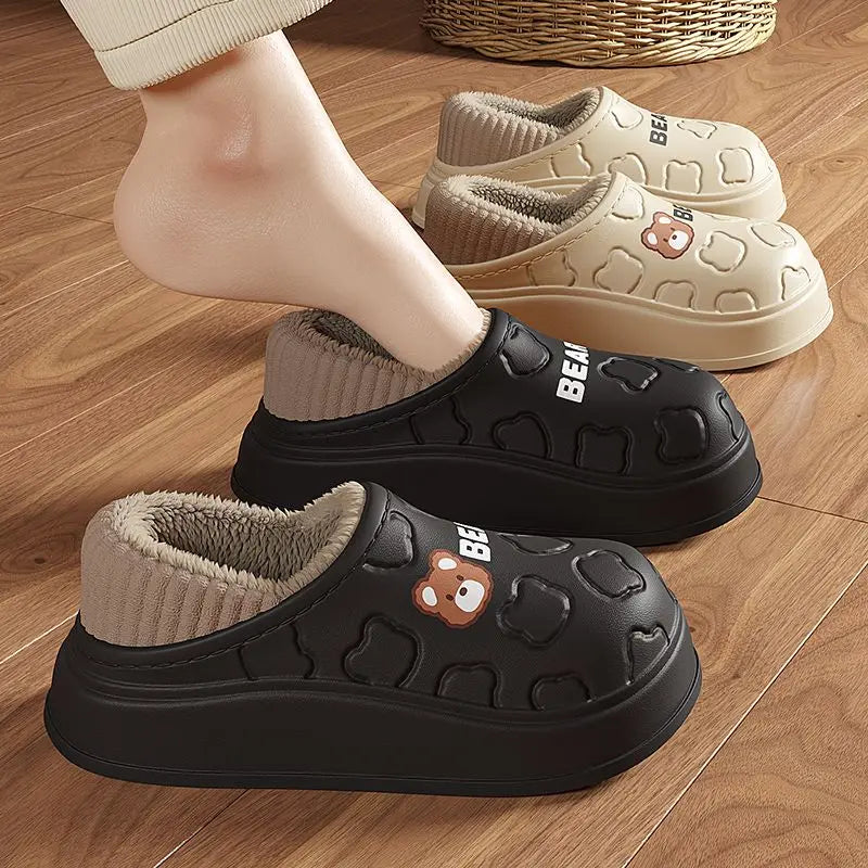 Winter Slippers For Women Bear Cartoon Outdoor Waterproof House Shoes For Men Plush Casual Shoes Indoor Fluffy Cotton Slippers