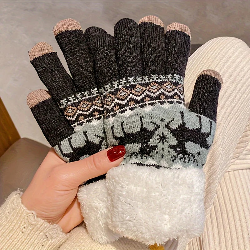 Christmas Reindeer Jacquard Knit Gloves Plush Cuff Thick Warm Gloves Autumn Winter Soft Coldproof Touchscreen Gloves