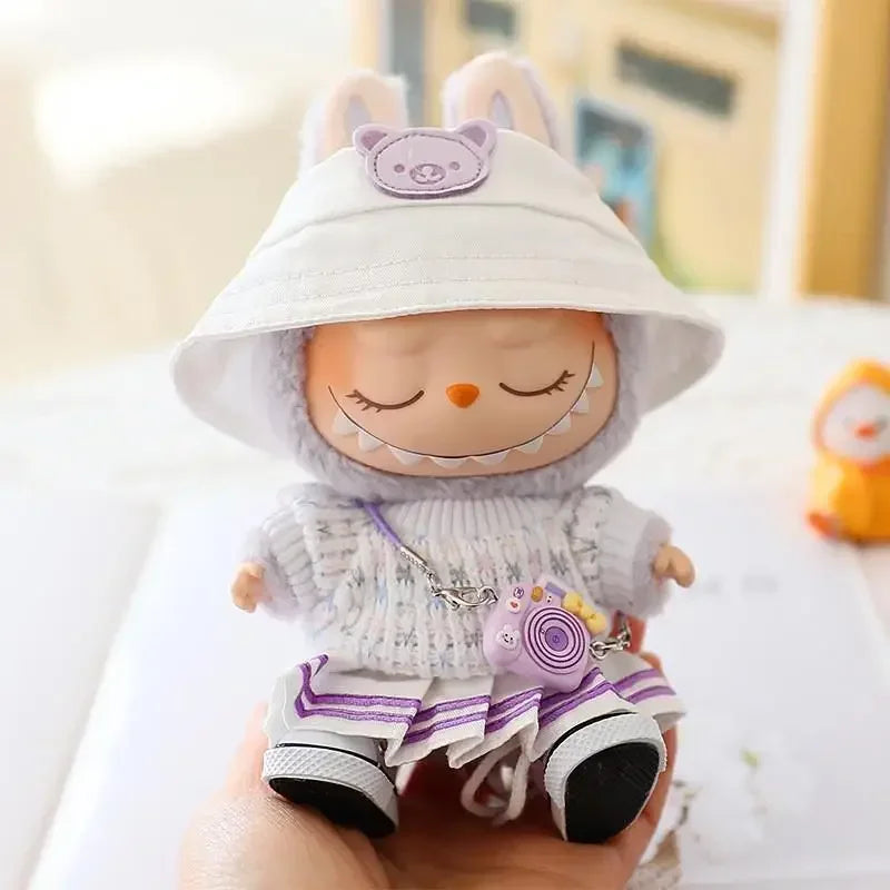 Mini Doll'S Clothes Outfit Accessories For 15-17cm Labubu Idol Knitted sweater JK pleated skirt camera shoes set Clothing Gift