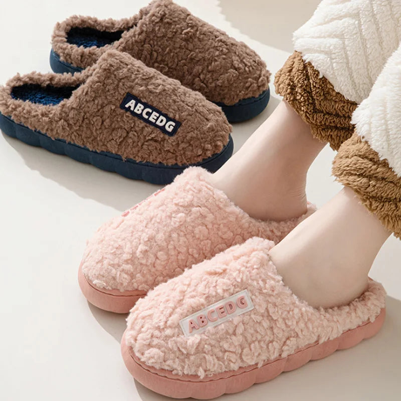 Thick Sole Home Indoor Outside Men And Women Couples Winter Household Warm Fluffy Slippers Fashion Plush Cotton Shoes Ladies