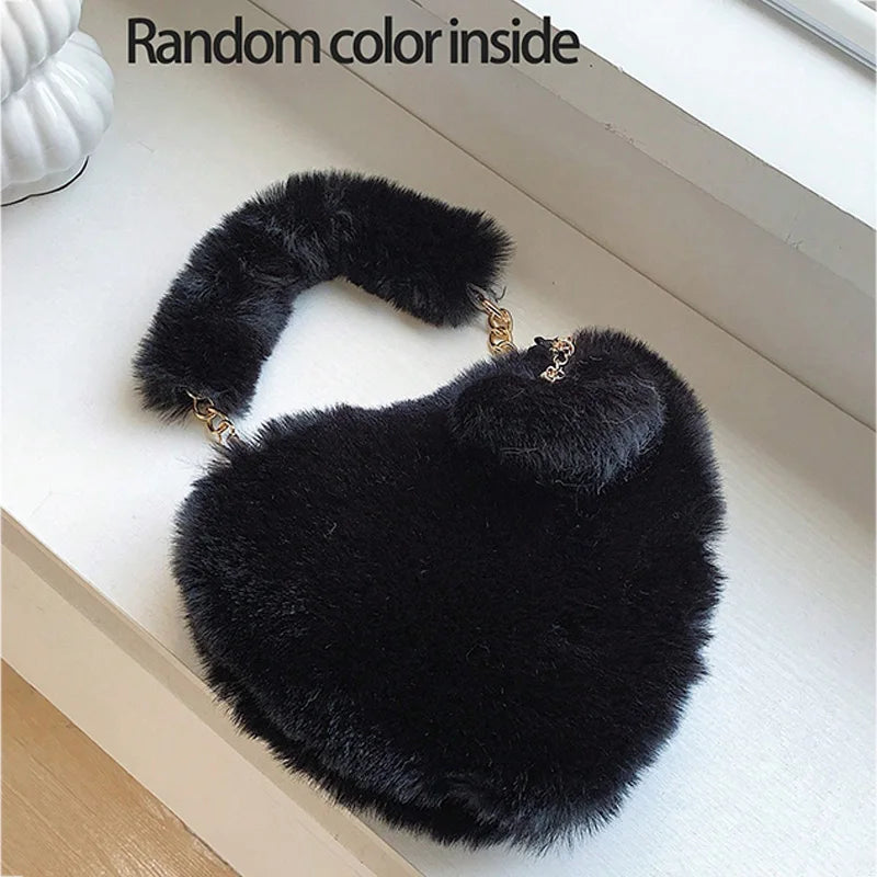 Faux Fur Heart-shaped Women Small Handbags Fluffy Plush Ladies Chain Shoulder Bag Fashion Female Furry Daily Clutch Purse