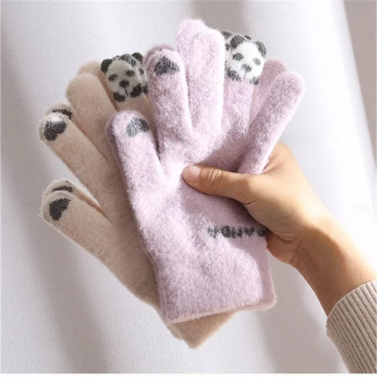 Winter Warm Plush Gloves Cute Cartoon Panda Ring Finger Knitted Gloves Touchscreen Gloves Outdoor Windproof Mittens