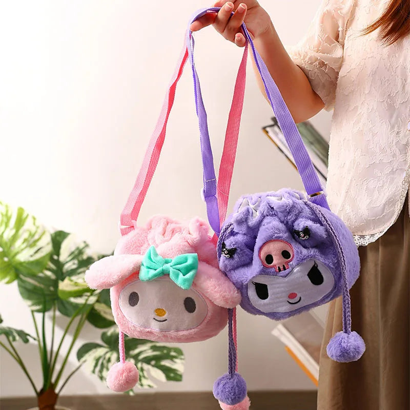 Sanrio Plush Shoulder Bag Cartoon Anime Kuromi Portable Drawstring Bag Cinnamoroll Plushies Toy My Melody Diagonal Package Gift