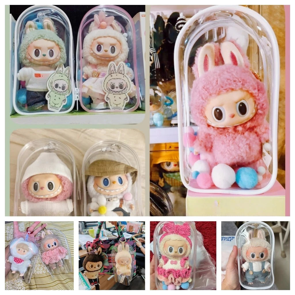 Protective Bag Thick Silicone Case For Labubu v1 v2 / Liila cat PVC Transparent Doll Dustproof Box with Keychain and balls