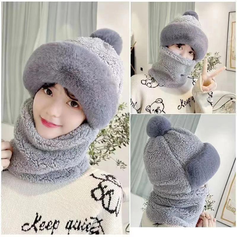 Fashion Plush Hat Scarf Mask Set Winter Warm Hat Neck Warmer Outdoor Cycling Windproof Warmer Scarf Hat Ear Protection