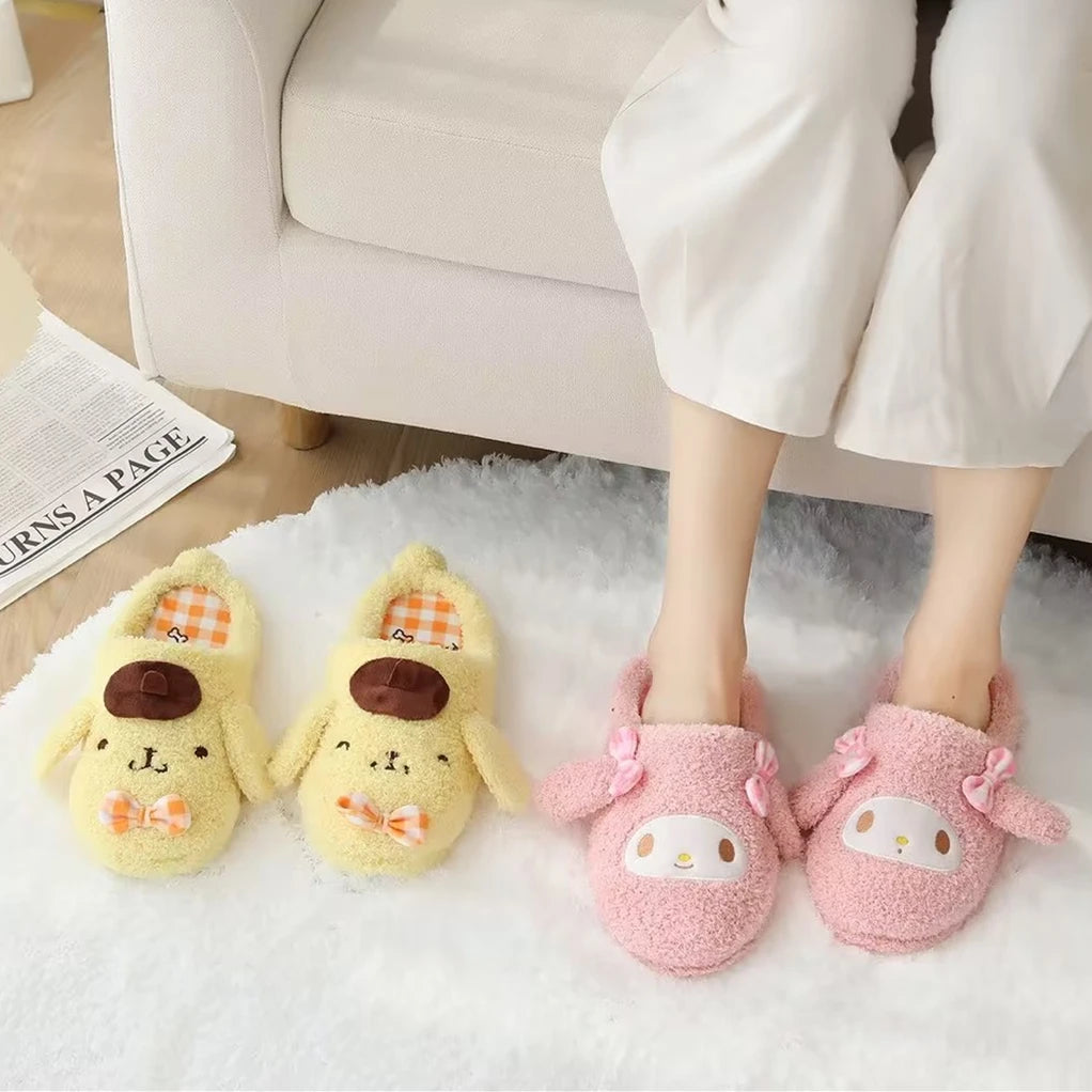 Lolita Cute Slippers My Melody Kuromi Plush Shoes Pom Pom Purin Japanese Style Indoor Shoes For Girl Autumn Winter Flat Non-slip