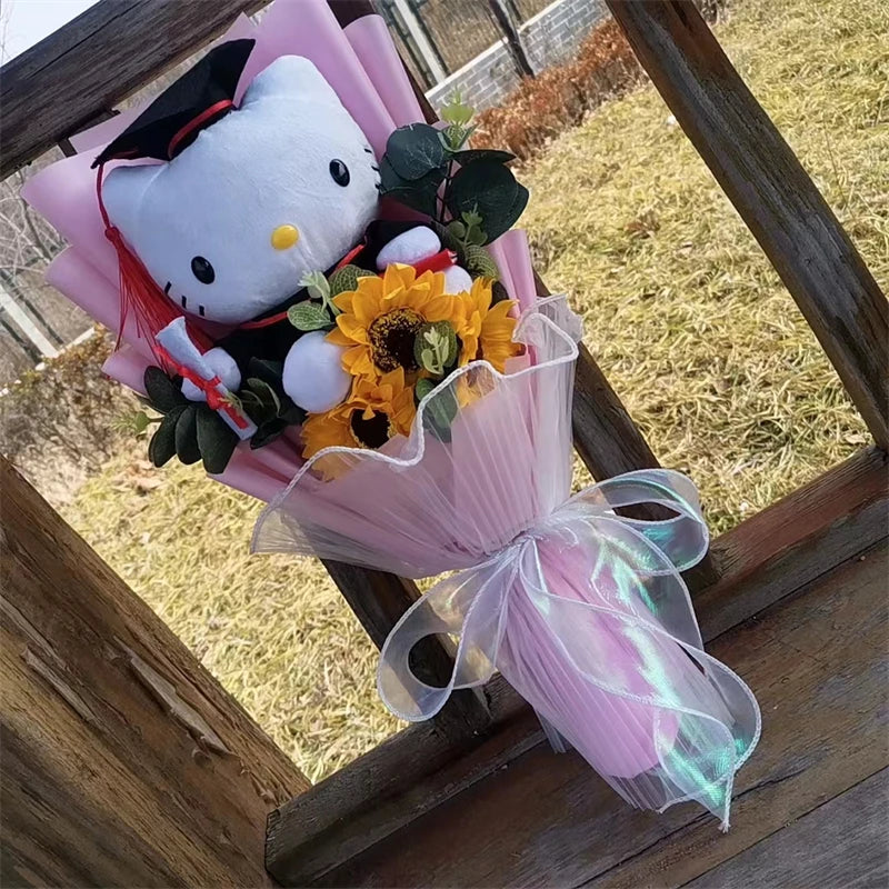 Hello Kitty Graduation Plush Bouquet Toys with Sunflower Present Stuffed Animals Toy Student Graduation Souvenir Birthday Gift