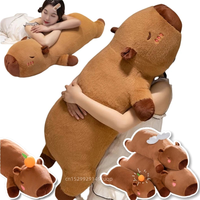 60cm-100cm Kawaii Cartoon Giant Strip Capybara Plush Doll Pillow Lying Brown Orange Wings Creative Capybara Plush Toy Home Decor