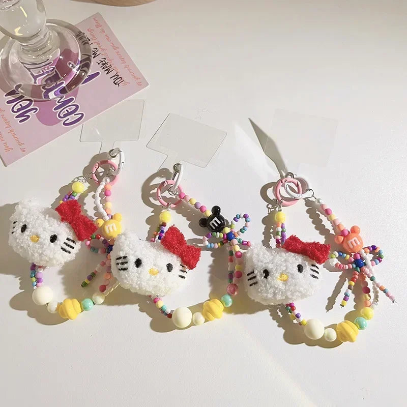 Sanrio Colorful Beaded Keychain Hello Kitty Kawaii Cartoon Plush Phone Strap Wrist Strap Backpack Pendant Decoration Gifts