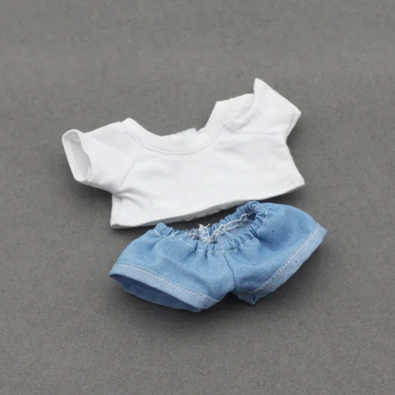 Doll Clothes Outfit Accessories For Korea Kpop Exo 15-17cm Labubu Idol Dolls 10cm cotoon doll T-shirt denim shorts set Clothing