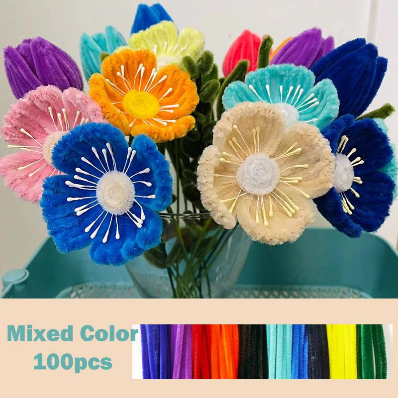 100pcs Colorful Chenille Stems Pipe Cleaners Plush Tinsel Stem Wired Twist Sticks Hair Strip DIY Craft Educational Toys Handmade