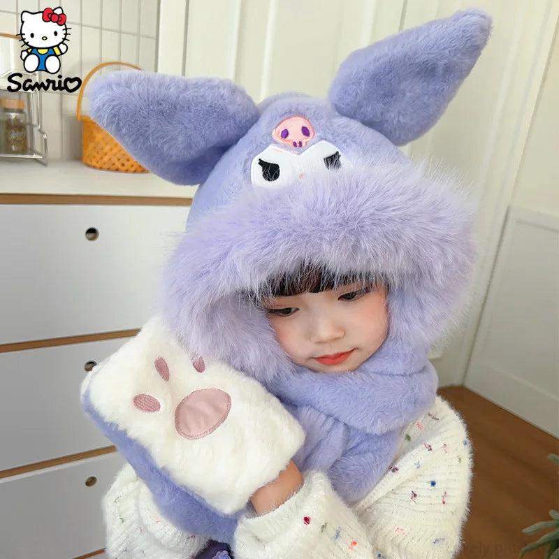 Kawaii Sanrio Kuromi Children Plush Scarf Hat Glove Cute Cosplay Party Anime Sweet Winter Warm Hat Girls Soft Plush Hat Gifts