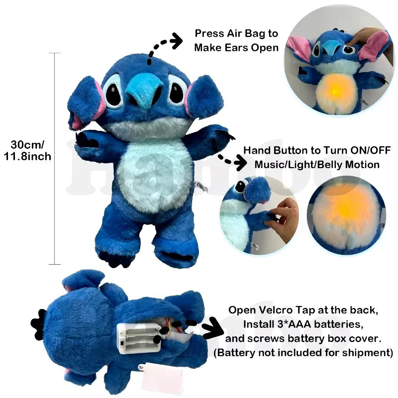 Kawaii Stitch Plush Doll Baby Sleeping Companion Sound Soothing Musical Kawaii With Air Bag and Light Doll Breathing Toys Gifts