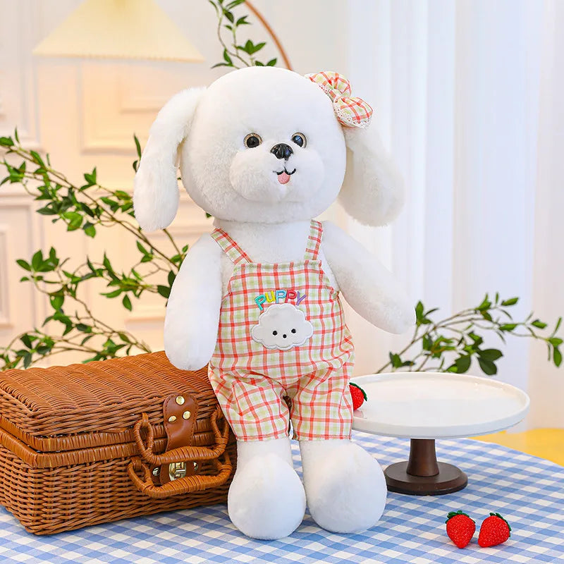 35/50/65cm Lovely Soft Stuffed Sitting White Dog Wearing Plaid Overalls Plush Animals Dog Doll Room Decor For Kids Birthday Gift