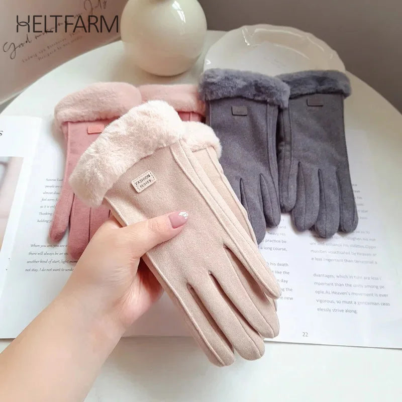 Women Winter Thick Plush Gloves Fashion Warm Suede Outdoor Guantes Lady Touchscreen Driving Gloves Sports Cycling Mittens