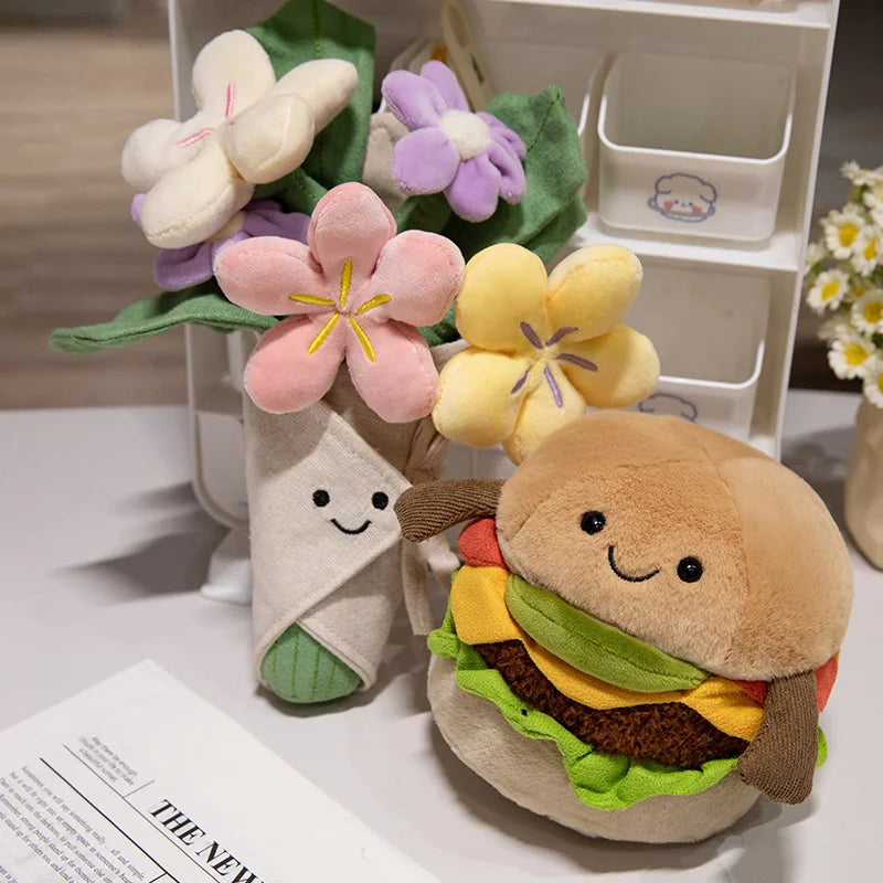 Creative Realistic Hamburger Plush Toy Soft Stuffed Bouquet Toy Funny Food & Flower Pillow Cute Burger Doll Kawaii Birthday Gift